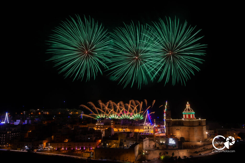 Fireworks over Mellieha Church during International Fireworks Festival 2021